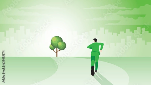 Fototapeta A back view of a businessman runs aim to target goal. Tree in a city. Environmental policy, Net zero emission, Carbon footprint reduction, Sustainable, Eco friendly, Nature concern and green concept.