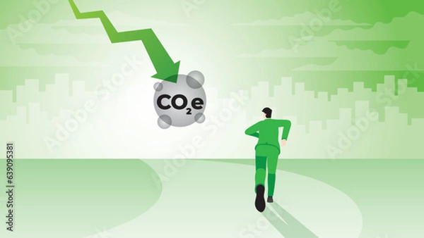 Fototapeta A back view of a businessman runs aim to target goal. CO2e graph down. Environmental policy, Net zero, Carbon dioxide emission, Carbon footprint reduction, Sustainable, Eco friendly and green concept.