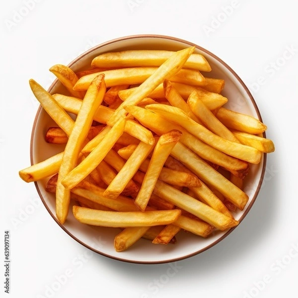 Fototapeta French fries or potato chips with ketchup top view Isolated