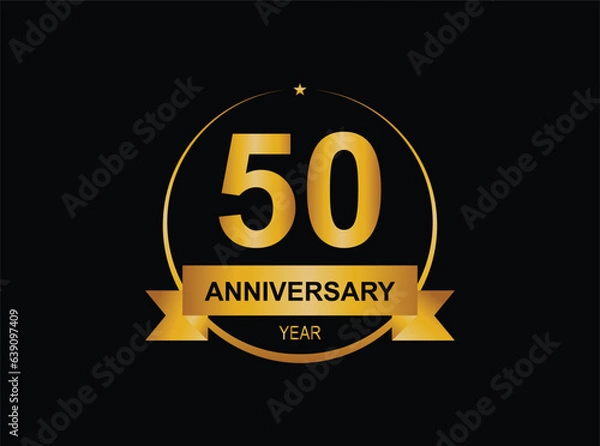 Obraz 50 year anniversary celebration. Anniversary logo with ring and elegance golden color isolated on black background, vector design for celebration.