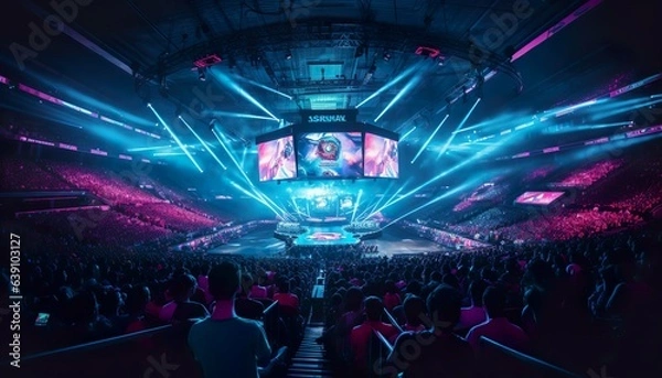 Fototapeta an e-sports event with many people in a neon stadium