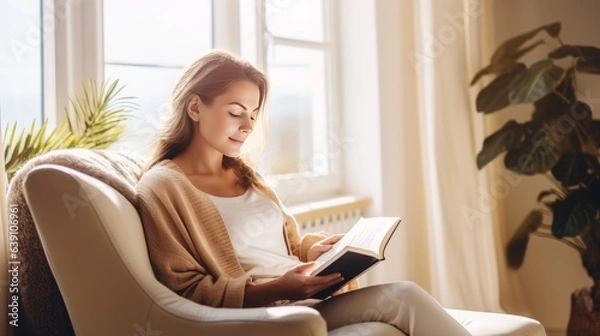 Obraz Young woman at home sitting on modern chair in front of window relaxing in her living room reading book, instagram toning