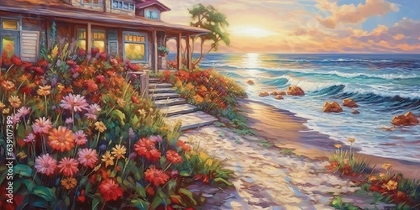 Fototapeta Painting of seascape with beach house and colorful flowers at background