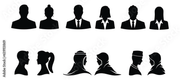 Fototapeta Male and female silhouettes front and side. Head specific half human glyph icon. For use in tracking rooms or corridors that want to separate men and women.
