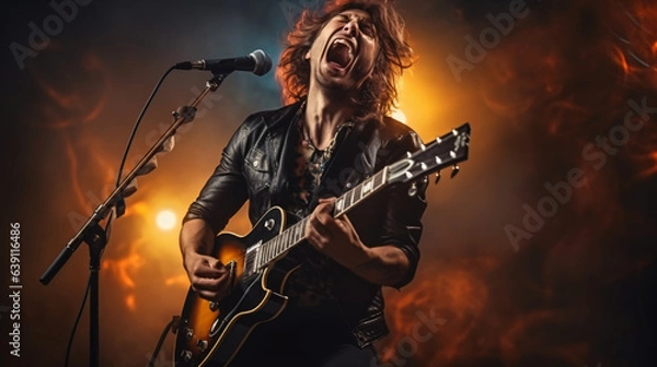 Fototapeta Portrait of a rock singer holding an electric guitar and a stationary acoustic microphone, passionately belting out a song. The image captures the essence of rock music and rave. Generative AI