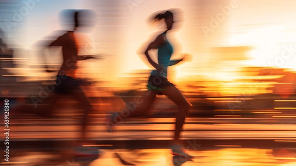 Fototapeta A pair of adults captured in a close-up shot during their morning run, with motion blur in the background. Generative AI.