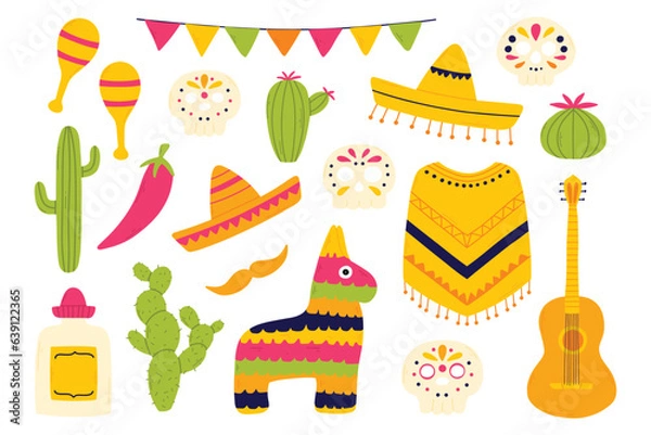 Fototapeta Set of mexican elements of skulls, pinato, sambrero, cacti isolated on white background. Vector illustration. Hand drawn collection of mexican elements.