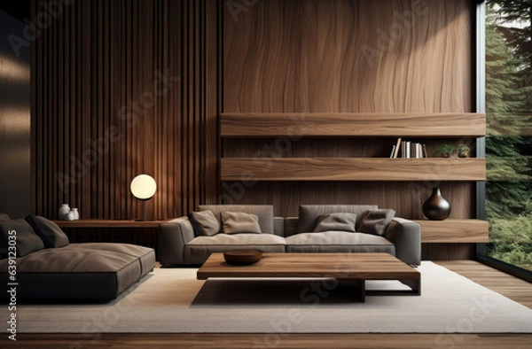 Fototapeta large living room featuring wooden paneling. soft sofa. created by generative AI technology.