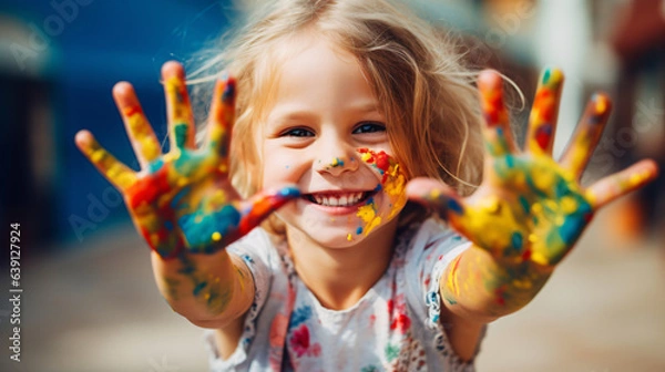 Fototapeta Young girl engaging with colorful paints, hand covered in vibrant hues. Concept of creative and happy childhood against a modern background.

Generative AI