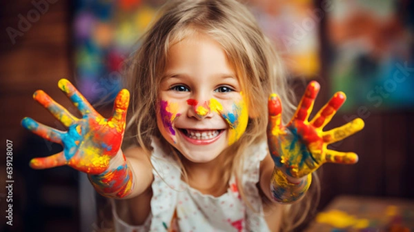 Fototapeta Young girl engaging with colorful paints, hand covered in vibrant hues. Concept of creative and happy childhood against a modern background.

Generative AI