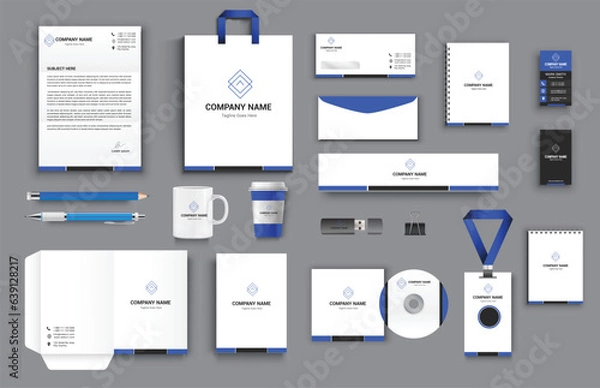 Fototapeta office business stationary set in blue black white color vector design with letter head envelop folder id card notepad dvd cover usb paper clip pen pencil cups business card shopper