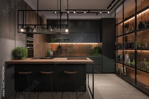 Fototapeta Modern interior design with elegant countertops and a chic dining area in a luxury apartment.