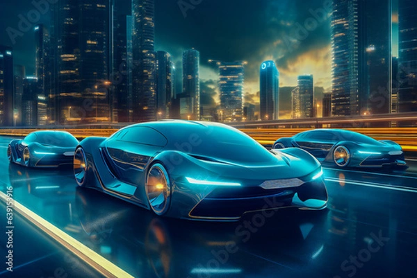 Fototapeta Futuristic self driving automated cars in a future urban setting