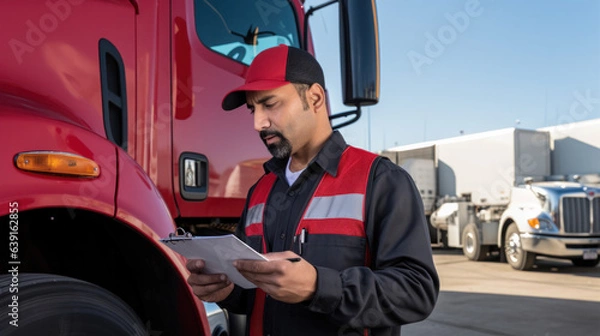 Fototapeta Serviceman with digital tablet on the background of the truck in the garage. Pretrip technical inspection, checklist