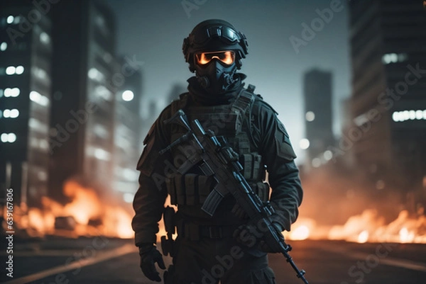 Fototapeta Army soilder who wear black tactical closes with a nocturn vision. AI Generative	