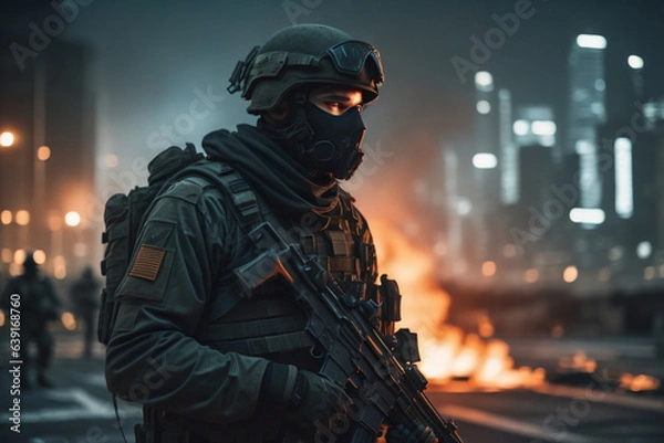 Fototapeta Army soilder who wear black tactical closes with a nocturn vision. AI Generative	