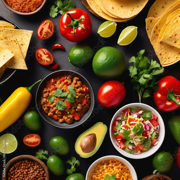 Fototapeta Mexican style food spread, set out for preparation with wraps, avocado, lime, tomatoes and mixed chillies