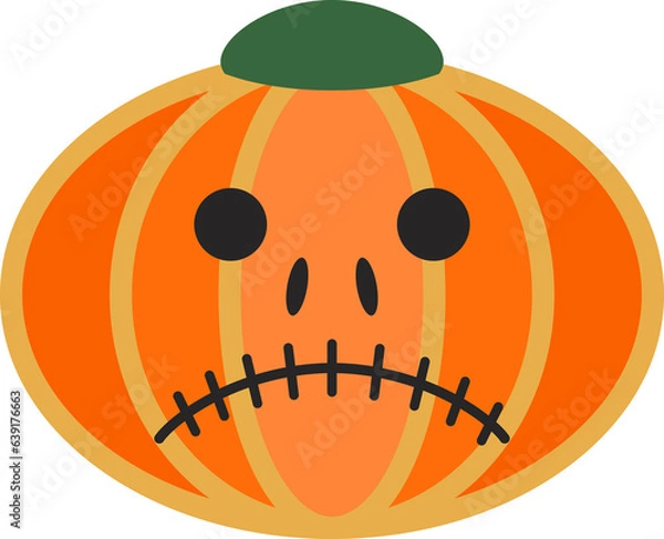 Obraz Orange sad pumpkin. Gourd fruit silhouette. Halloween or Thanksgiving. Cartoon sad mask. Ripe squash face. Simple flat gourd. All Saints' Eve. Vegetable muzzle with dreary expression.
