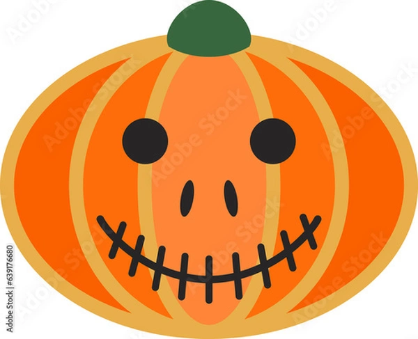 Obraz Rounded pumpkin on white background. Orange gourd. Scary smile. Pumpkin culture isolated. Squash silhouette. Annual herb. Colorful cartoon illustration for Halloween decoration. Simple design element.