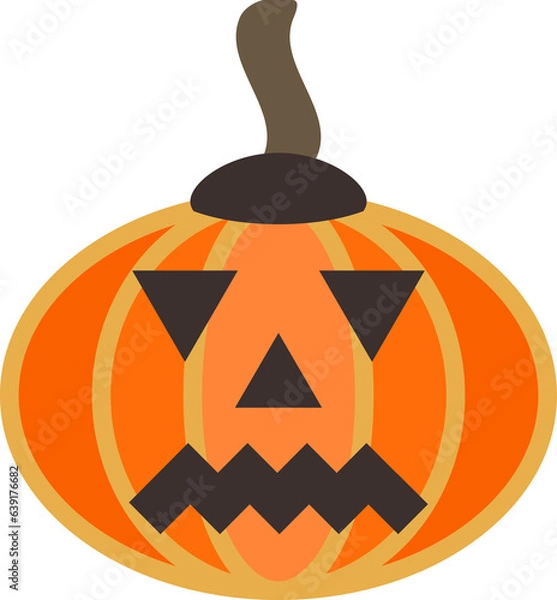 Fototapeta Large, smooth, oval-shaped fleshy pumpkin. Orange squash with stalk. Autumn Halloween or pumpkin for Thanksgiving. Carved sad face on gourd fruit. Ominous grimace drives away evil spirits. Spooky face