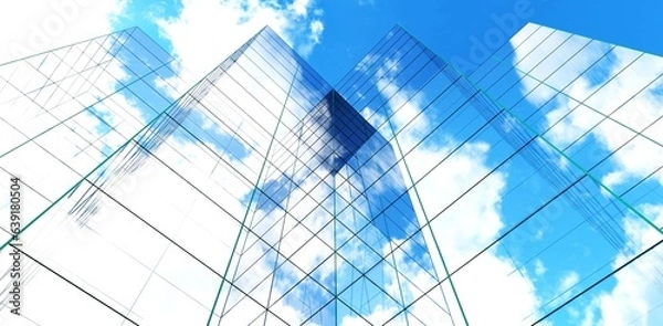 Fototapeta The glass facade of the skyscrapers almost invisible against the cloudy sky. 3d rendering.