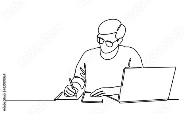 Obraz Student writing and studying in front of laptop. Continuous line style. Hand drawn. Education concept. Vector design. Illustration