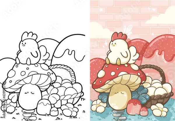 Fototapeta A chicken sat on a mushroom in the cottage with its eggs - Illustration for kids books, gift card and coloring book - Kawaii style
