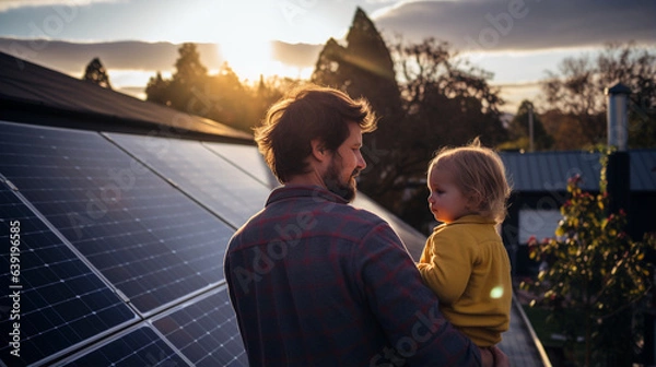 Fototapeta Rear view of dad holding her little girl in arms and showing at their house with installed solar panels. Alternative energy, s Generative AIaving resources and sustainable lifestyle concept