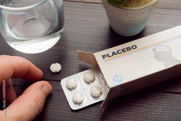 Fototapeta Placebo effect concept: man take a pill from a placebo box of pills