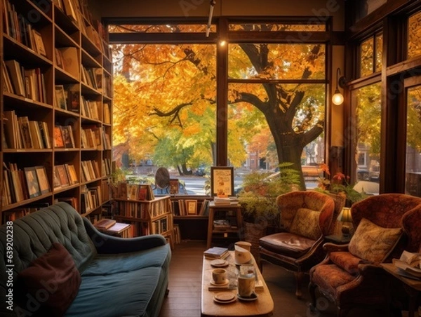 Obraz Cozy bookstore corner: patrons in sweaters sipping warm drinks, window showing trees in autumn hues.