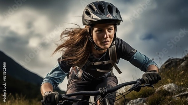 Fototapeta An active woman riding a sports bike on a mountain trail, in summer mountains, in the forest Female cyclist riding a bicycle on a mountain trail, in summer mountains, in the forest