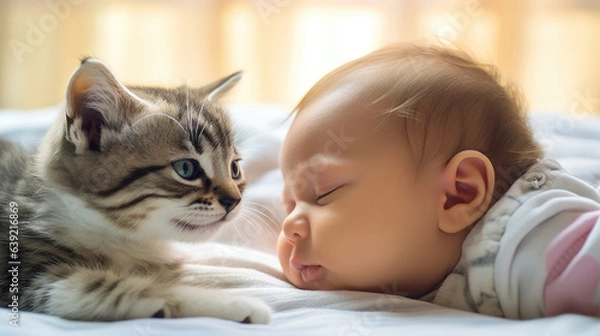 Obraz Bebé adormece com o gatinho num ambiente de paz e amor. 