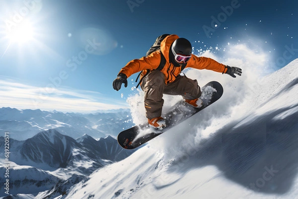 Fototapeta snowboard Rider's Stylish Grab Trick Above Snowy Ramp ai generated art