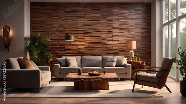 Obraz modern living room in brown color with sofa, table, lamp and plant. 