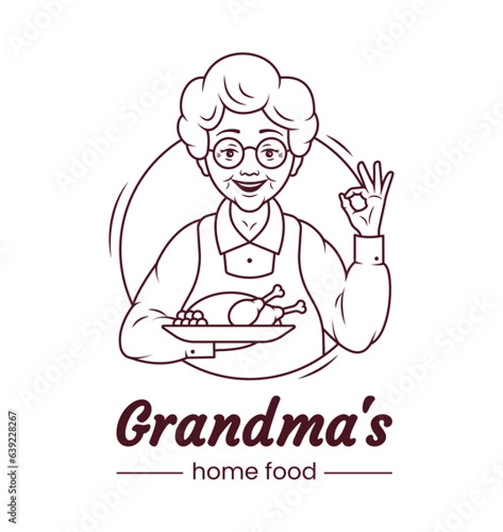 Fototapeta Grandmas cooking cafe logo, cute character cartoon design. Cheerful grandmother with a plate of appetising homemade food. Template. Vector line illustration