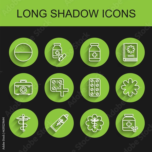 Fototapeta Set line Caduceus snake medical symbol, Ointment cream tube medicine, Medicine pill or tablet, Emergency star with stick, bottle and pills, Pills blister pack, Cross hospital and icon. Vector