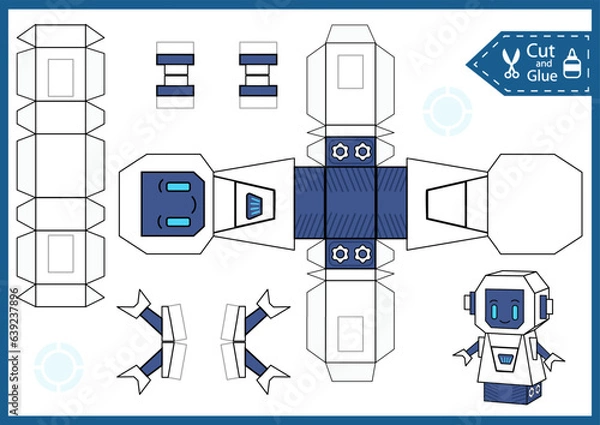 Fototapeta Craft game cut and glue paper 3d robot. Kids papercraft template. Education activity printable page. DIY model toys.