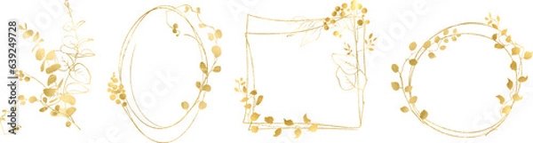 Fototapeta Linear vector gold monograms and floral border, Design for invitations. Gold frame. Botanical line art silhouette golden leaves. Vector Gold floral. Place for your text. Floral frame set