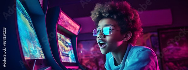 Fototapeta Focused  boy plays retro arcade game