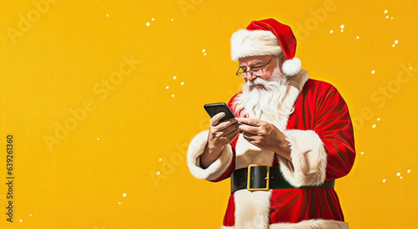 Fototapeta santa claus with smartphone on yellow background, christmas and new year banner template