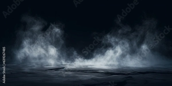 Fototapeta Mystical mist. Swirling smoke in dark and light symphony. Fluid fantasia. Abstract dance of fog and light on floor with black background