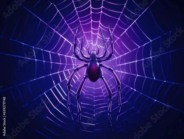 Fototapeta Spider and cobweb background. Scary halloween symbol isolated on blue and purple , AI generator