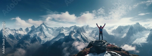 Obraz Man on a mountain top with arms up in triumph facing a stunning alpine panoramic view. Great metaphor for reaching a big goal, personal achievement, overcoming challenges, business success, freedom.