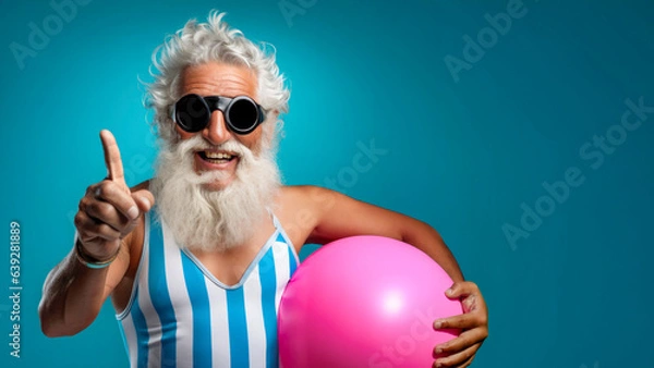 Fototapeta A elderly man with white beard wearing a retro swimsuit and goggles holding a pink beach ball