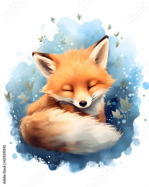 Obraz Cute baby red fox sleeping, dreaming, smiling, happy. Isolated, watercolor, background, nursery room frame. AI generative.