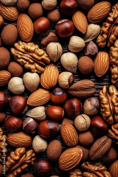 Fototapeta Realistic photo of different kind of nuts. top view nuts scenery