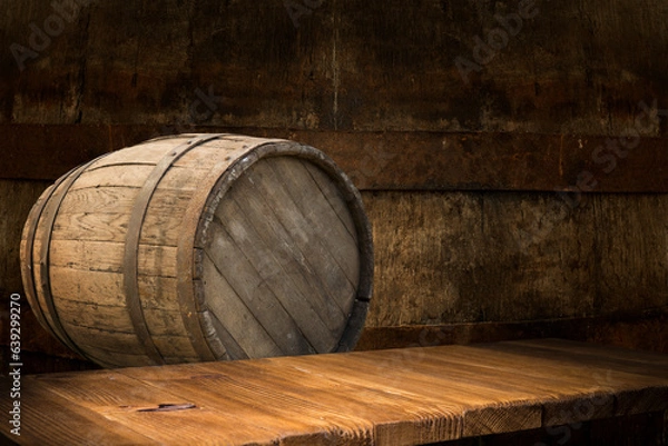 Fototapeta background of barrel and worn old table of wood. High quality photo