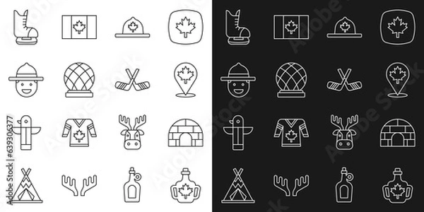 Fototapeta Set line Bottle of maple syrup, Igloo ice house, Canadian leaf, ranger hat, Montreal Biosphere, Skates and Ice hockey sticks icon. Vector
