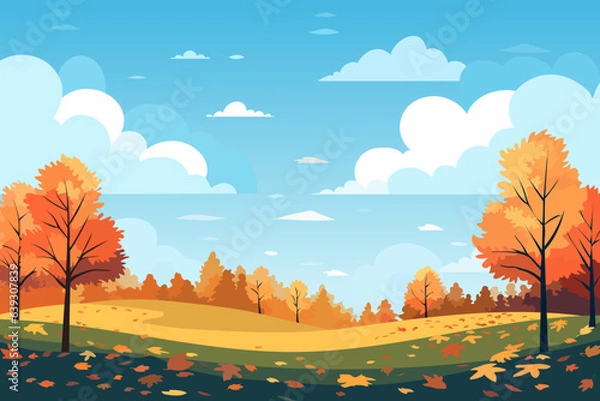 Fototapeta Landscape of a beautiful autumn forest. Beautiful autumn trees, colorful leaves on the grass, blue sky and clouds. Vector illustration