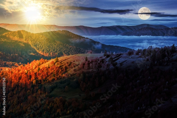 Fototapeta cold fog in the rural valley of Carpathian mountain range with sun and moon at twilight. trees with colorful foliage on the hillside meadow in morning light. day and night time change concept